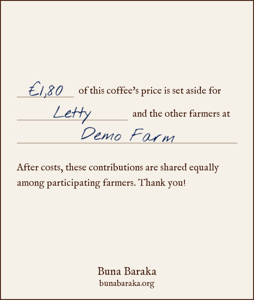 Back of a Buna Baraka demo card explaining that €1,80 is set aside for Letty and the other farmers at Demo Farm.